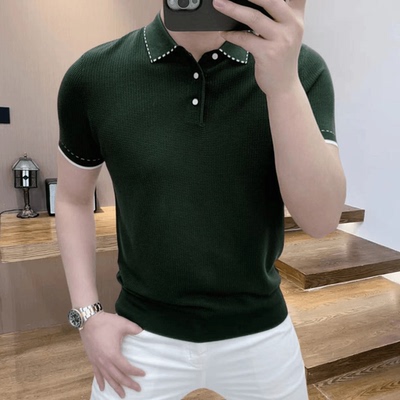 高档冰丝针织短袖T恤POLO衫男夏季轻奢薄款休闲半袖体恤品质男装