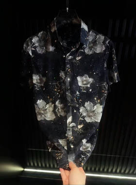 2025新款男士英伦雅痞扎染夏季薄款翻领印花短袖冰感衬衫CS2003