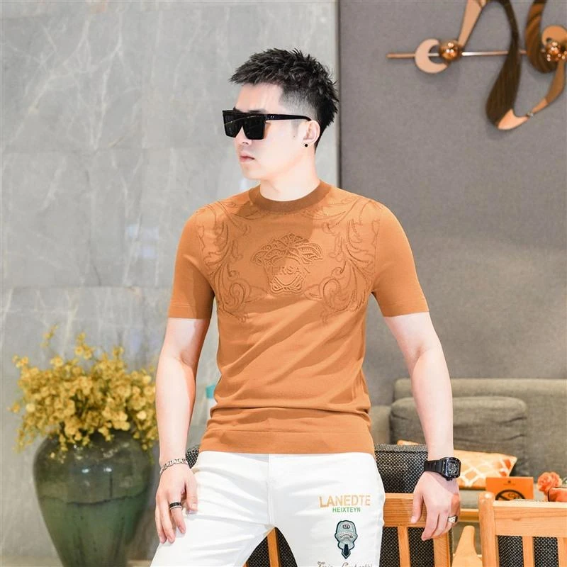 2025夏季新款轻奢针织短袖t恤男修身冰丝半袖修身烫钻欧货潮D8106