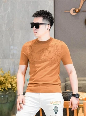 2025夏季新款轻奢针织短袖t恤男修身冰丝半袖修身烫钻欧货潮D8106