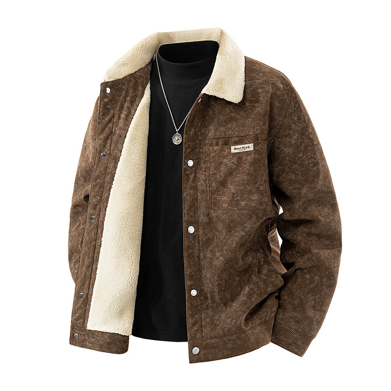 秋冬季新款加绒加厚保暖男士灯芯绒外套百搭潮流大码显瘦翻领夹克