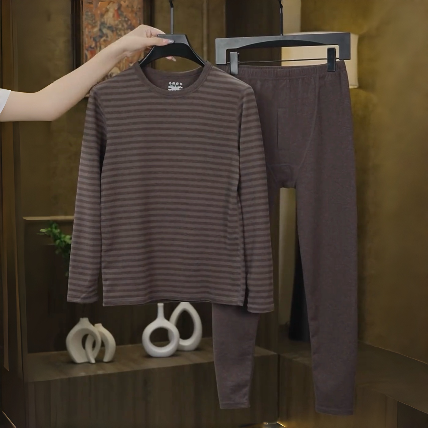 保暖内衣男士秋冬季防寒秋衣秋裤套装条纹简约打底衫加厚