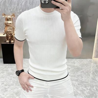 2026简欧轻奢男士针织冰丝短袖T恤条纹时尚百搭夏季半袖上衣3337