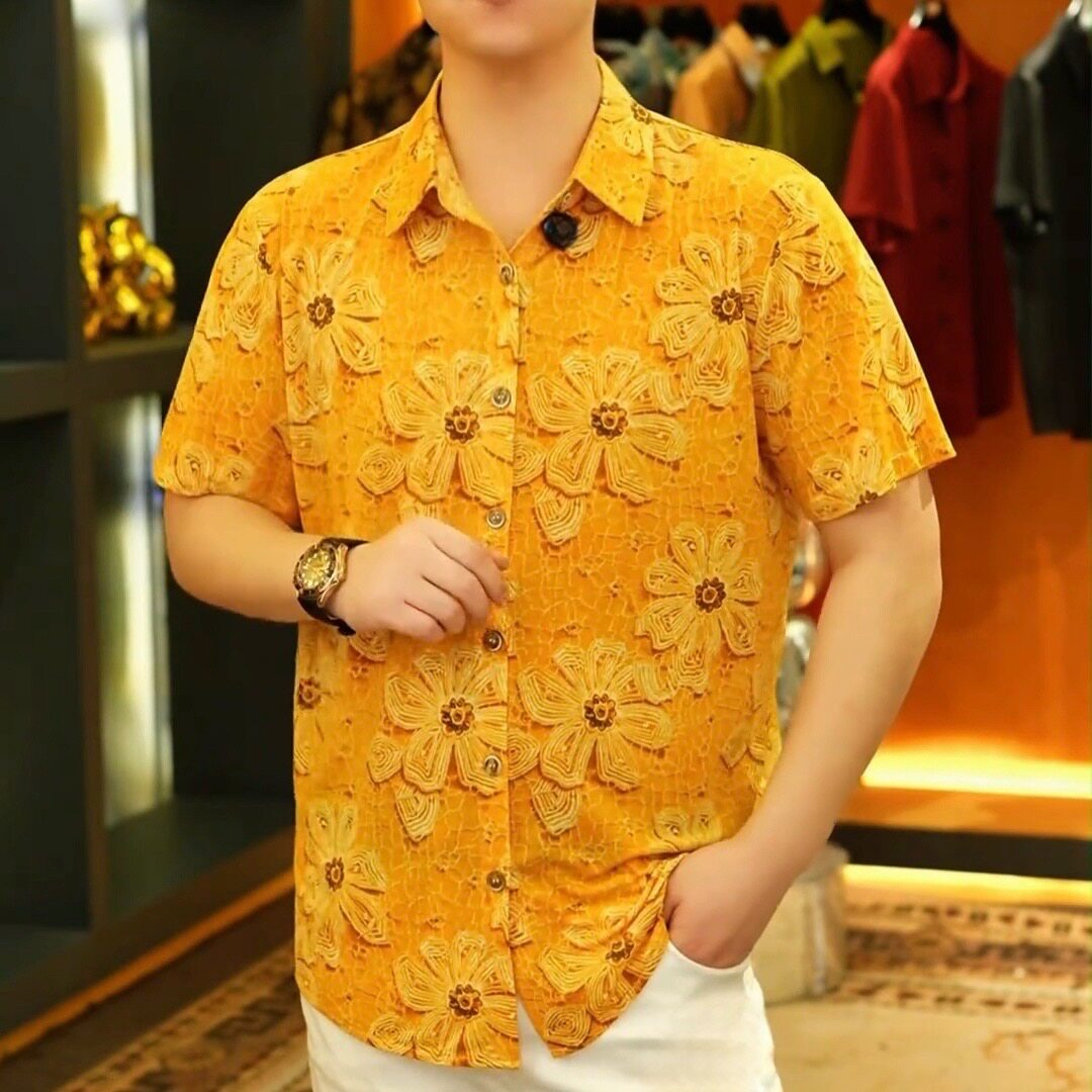 夏季新款男装轻奢休闲时尚百搭潮流花卉高级感翻领短袖衬衫