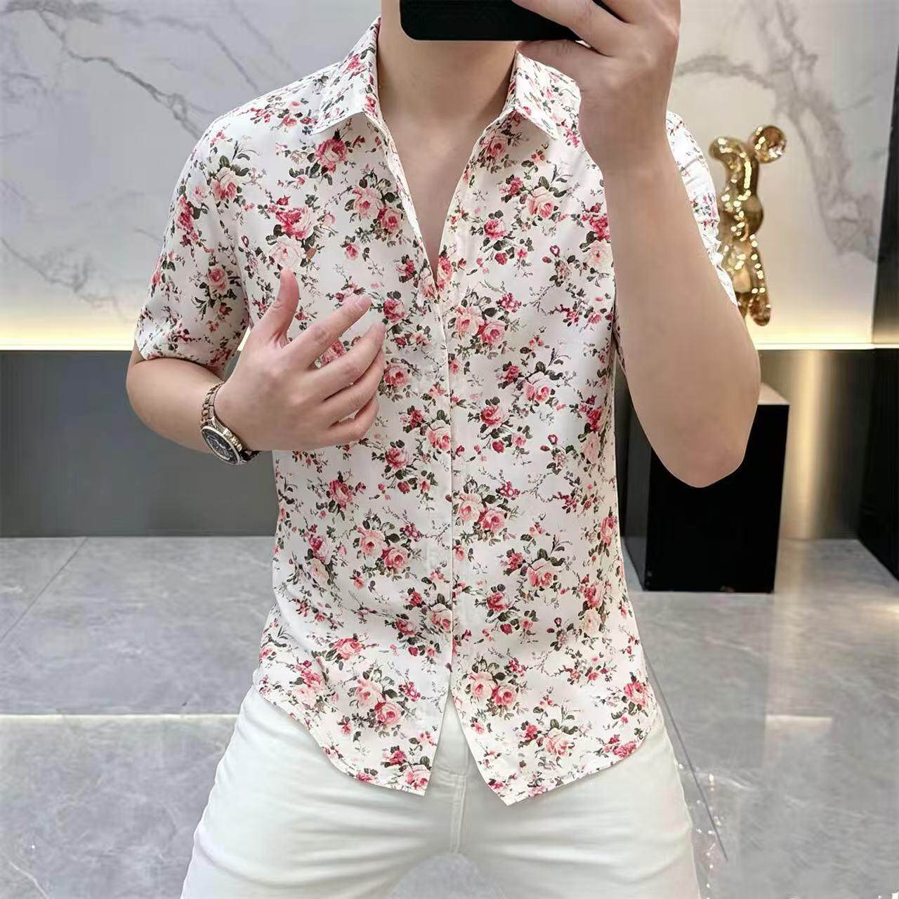高档男士夏季潮流印花短袖衬衫休闲时尚透气痞帅个性