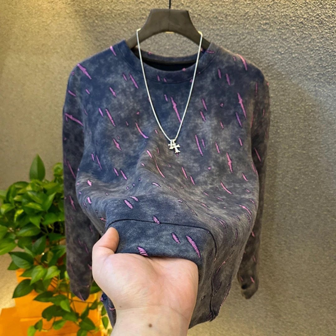 2025秋冬情侣流星条新款男上衣爆款轻奢高定长袖卫衣潮流破洞6883