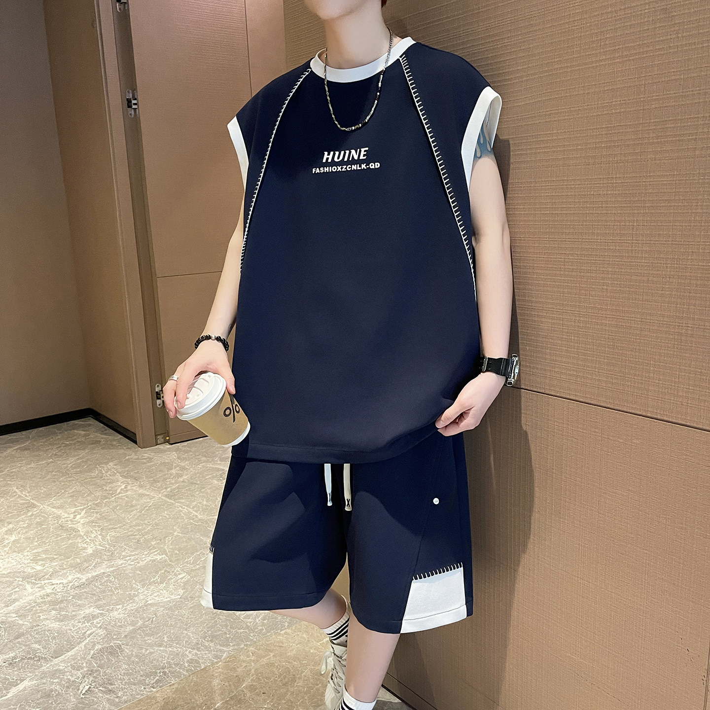 冰丝无袖运动套装男夏季撞色拼接背心两件套青少年一整套搭配帅气