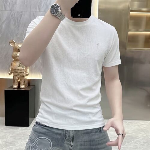夏季新款男士简约纯色潮流刺绣短袖T恤时尚圆领休闲百搭半袖上衣