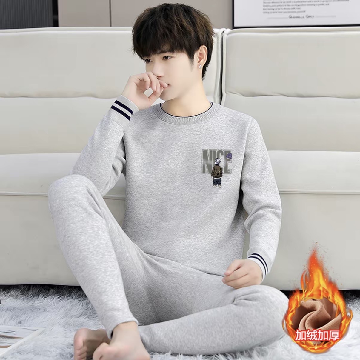 加绒加厚冬季保暖内衣套装男士青少年大童初高中生圆领长绒棉防寒
