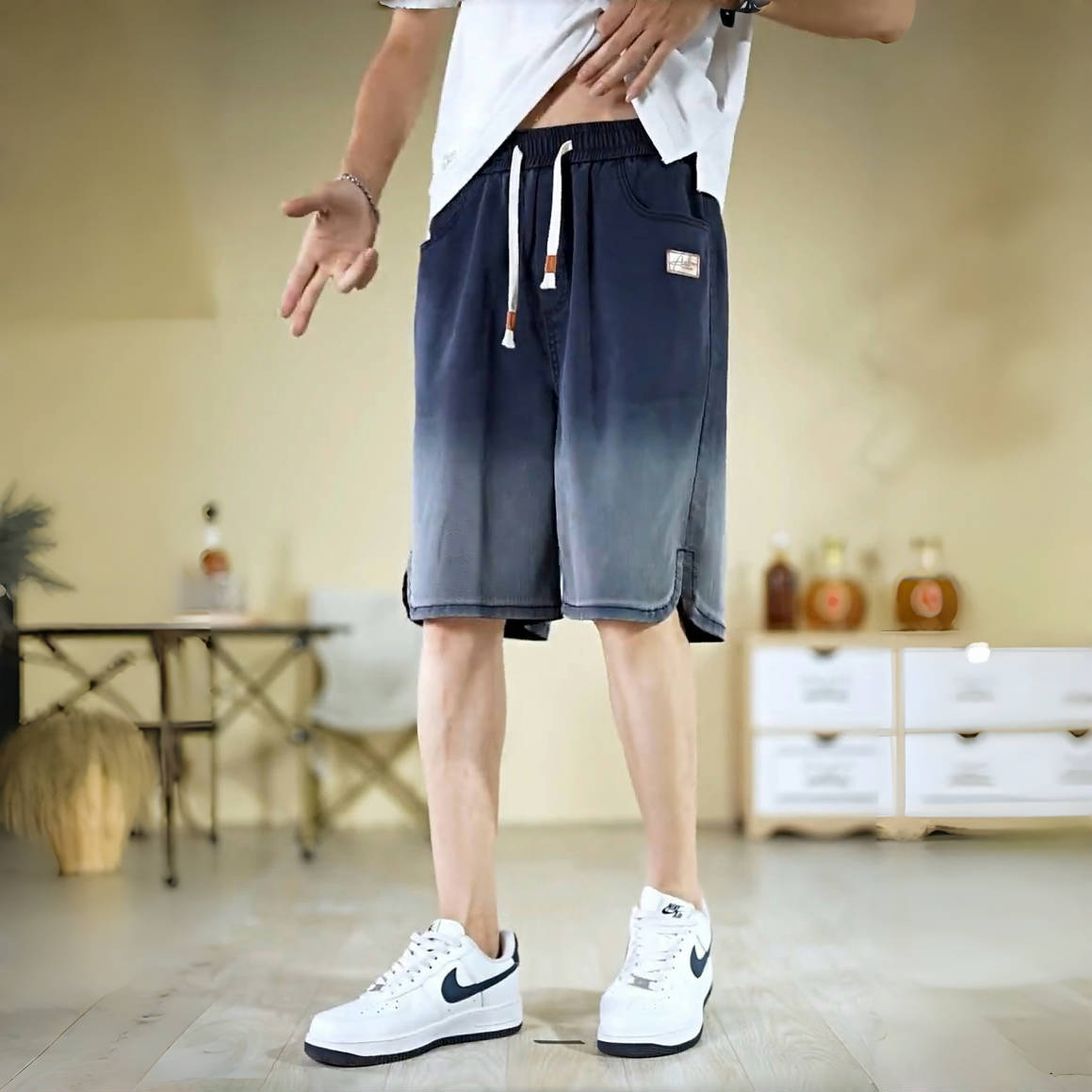 天丝渐变牛仔短裤男士夏季薄款透气冰丝凉感宽松直筒休闲五分裤子
