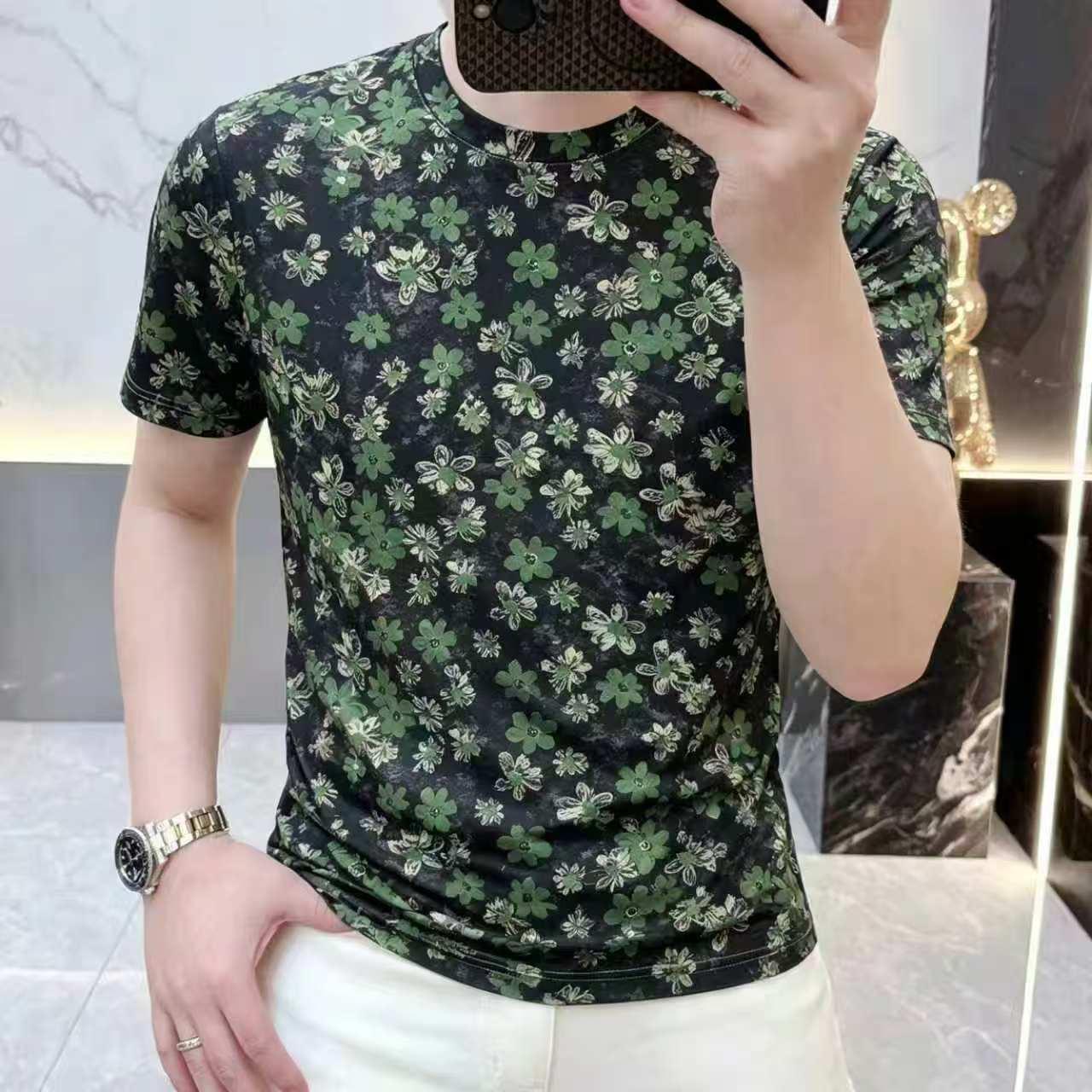 潮牌复古绿碎花短袖男士夏季圆领体恤轻奢满印花卉休闲百搭半袖