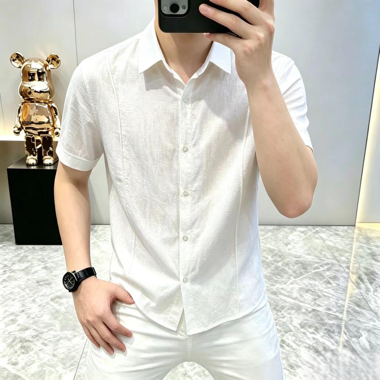 高档夏季男士轻熟风冰丝凉感短袖衬衫休闲时尚冰感半袖寸衫男8357