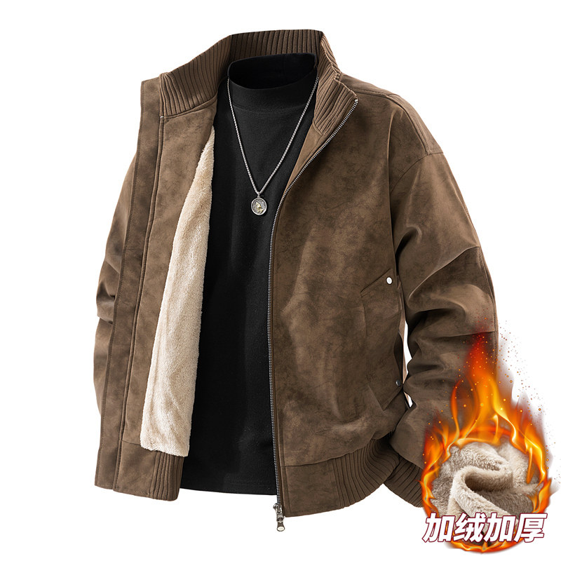美式复古立领皮夹克秋冬宽松休闲百搭外套高级感大码男装上衣