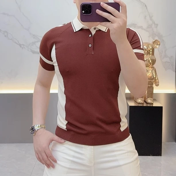 2026欧货轻奢男士针织冰丝短袖T恤男POLO剪刀领纯色百搭夏季上衣