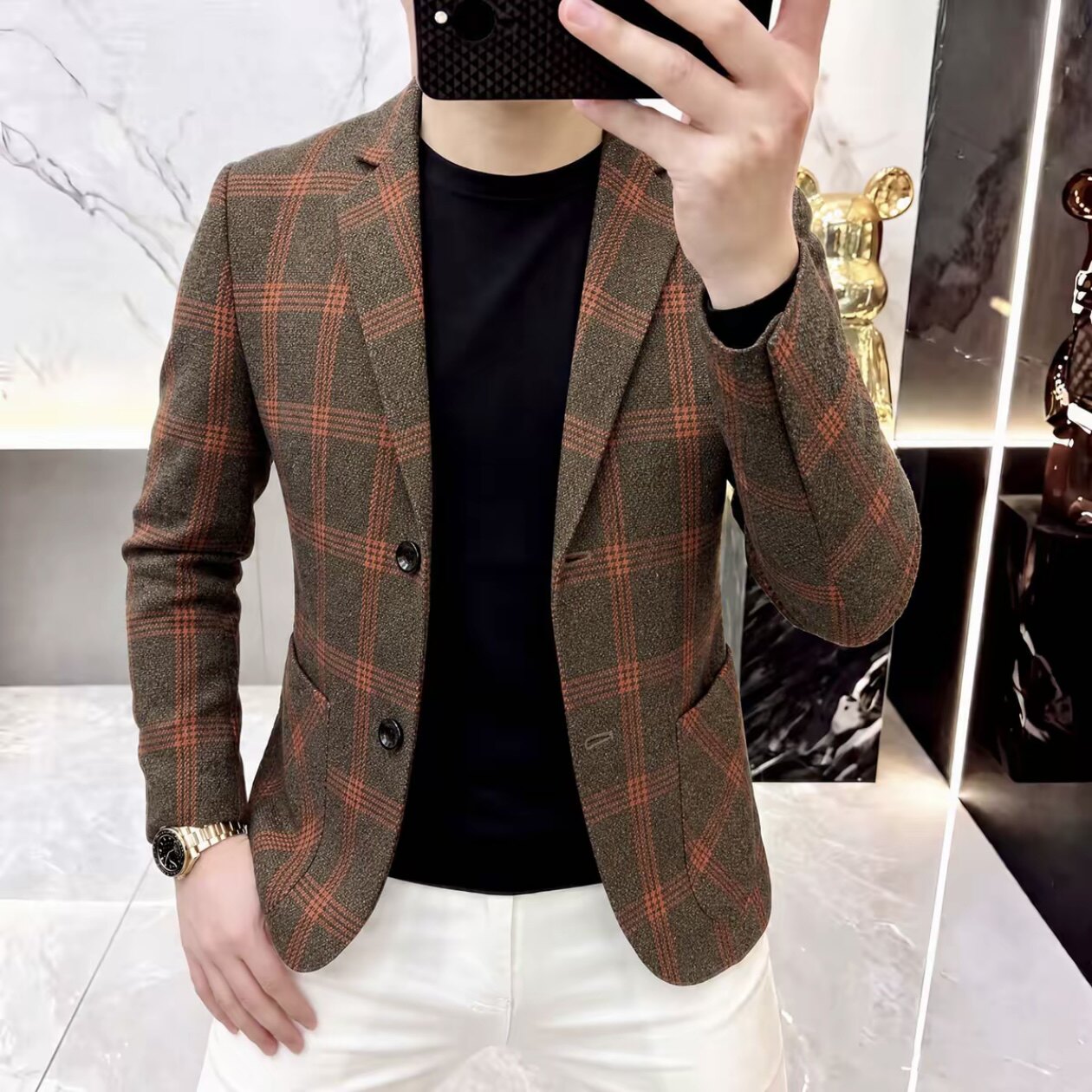 春秋季新款男士休闲格子西装领韩版时尚潮流小西装外套百搭帅气