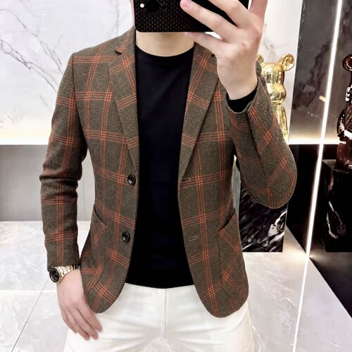 春秋季新款男士休闲格子西装领韩版时尚潮流小西装外套百搭帅气