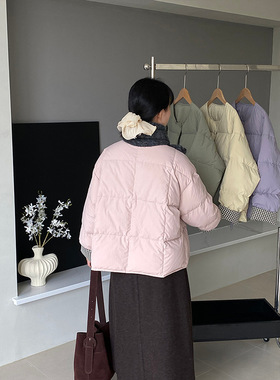 糖包泡芙 韩系格子撞色80白鸭绒女冬季宽松休闲短款棉服1253