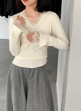 叠穿bi备！米白色蕾丝边针织衫女2025秋季新款v领打底衫8833