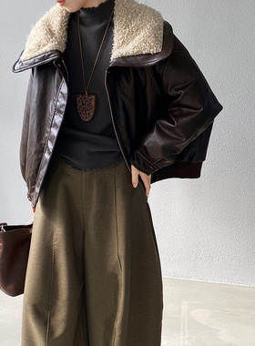 咖色羊羔毛大毛领pu皮冬加厚保暖90白鸭绒外套流行爆款 1716