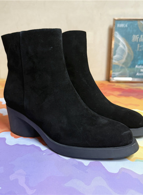 路贝佳短靴时装靴黑色女靴子粗高跟2025冬款圆头侧拉链L24978F-37