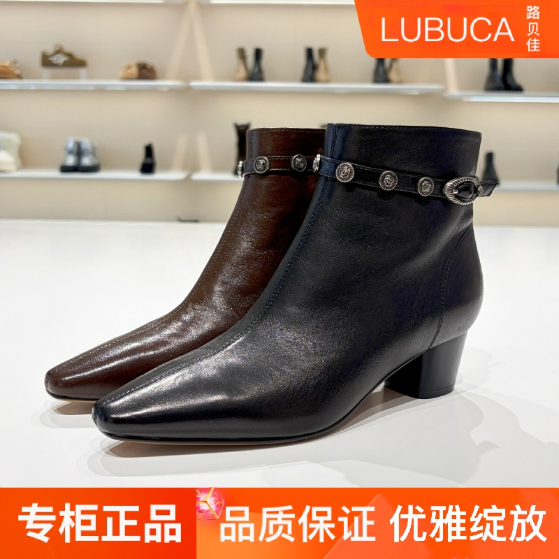 路贝佳2025冬新品尖头粗高跟短靴