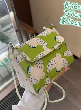 清新绿色小鸟印花帆布斜挎包学生百搭休闲轻便通勤手机包