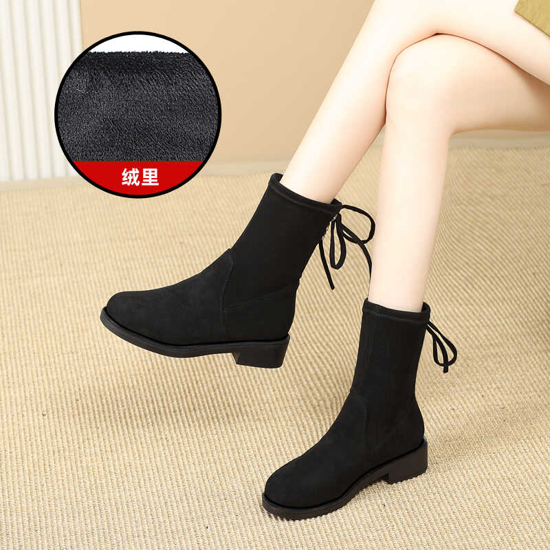 秋冬季大小码低跟妈妈短靴女圆头绒面磨砂弹力靴显瘦百搭绒马丁靴