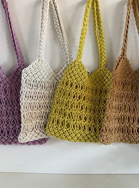 手工棉绳草编包小众设计镂空编织包春夏新款海边度假包托特手提包