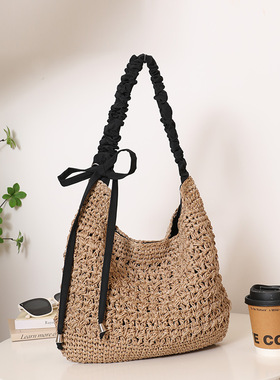 时尚大容量单肩草编包新款镂空蝴蝶结草包编织包女海边度假沙滩包