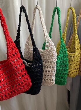 多巴胺镂空编织包新款大容量单肩腋下包女慵懒度假风沙滩包