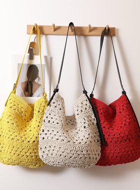 休闲慵懒风单肩蜡绳编织包新款小众不规则肩带草编包女度假沙滩包
