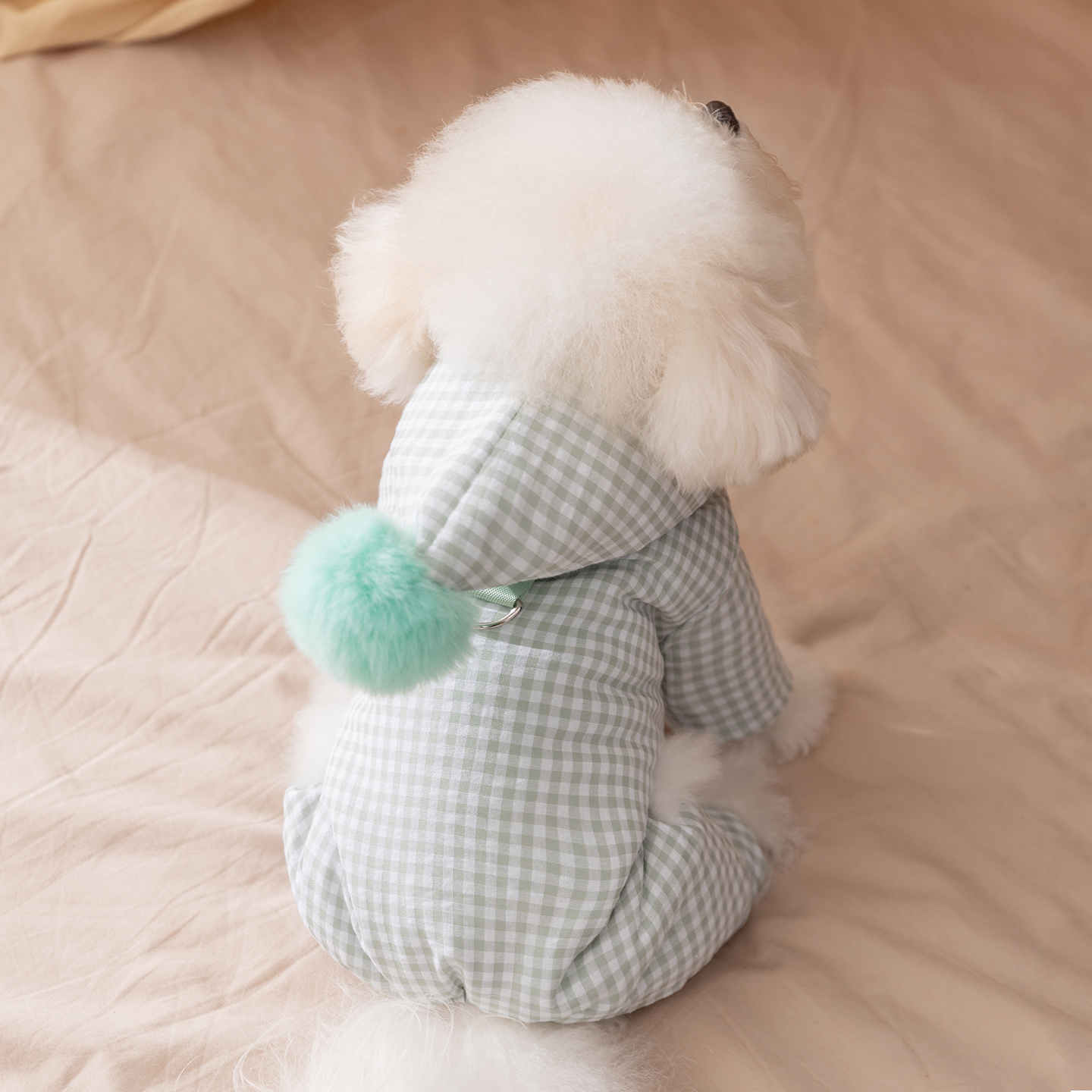 小狗狗衣服泡泡格子连帽泰迪比熊小型幼犬秋冬可牵引宠物四脚棉衣