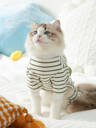 宠物猫咪条纹口袋四脚家居服防掉毛秋季款衣服布偶猫英短猫咪衣服