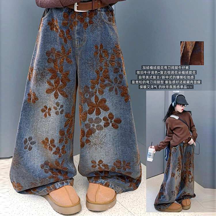 TT韩版冬季咖色毛衣加绒高领打底衫植绒提花牛仔裤儿童运动套装