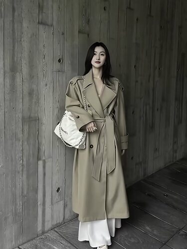 5werkwen 权杖风衣 双排扣大衣女春夏中长款气质翻领系带春秋外套