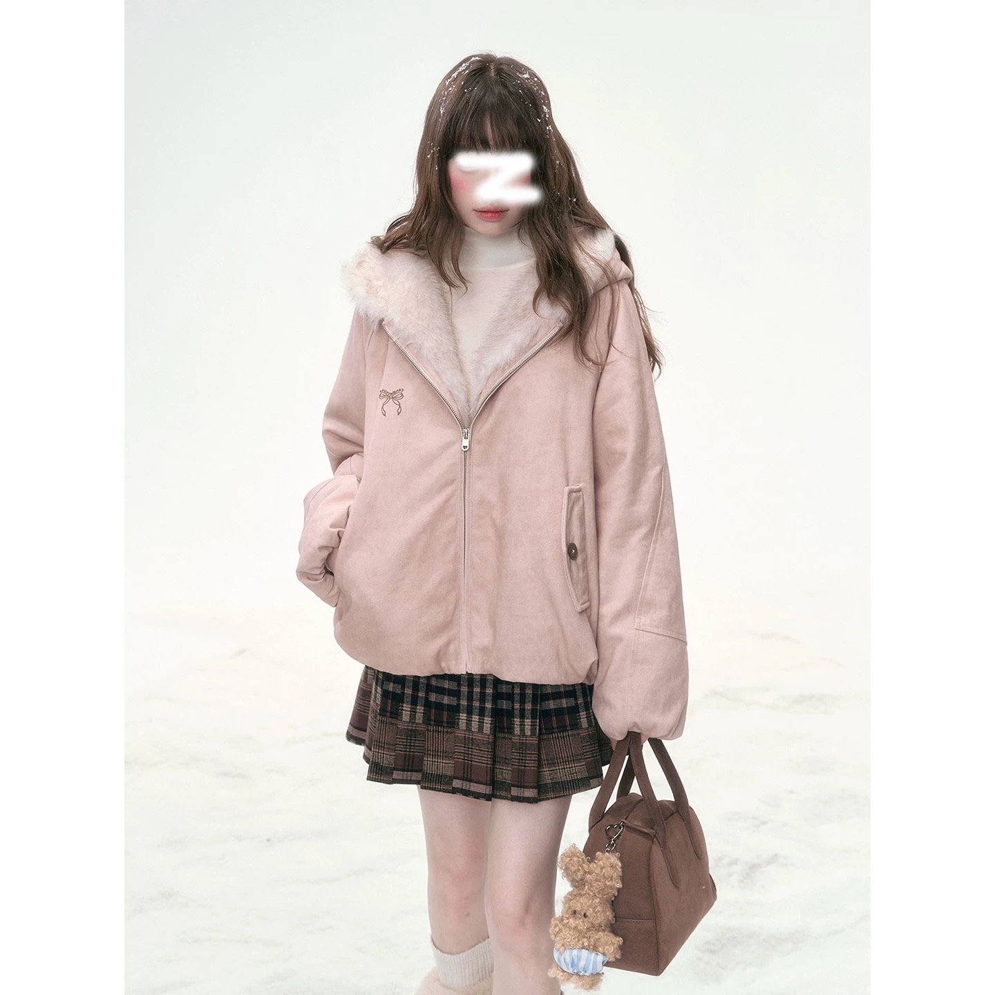 罐头士多所 '雾桃绒兜'冬季环保皮草夹克保暖棉服两面穿派克外套