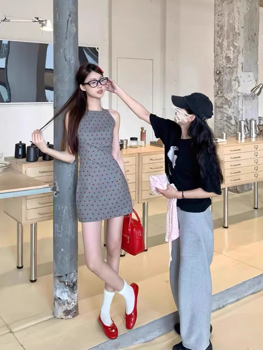 ffcheer 复古miu系波点连衣裙春夏季女收腰背心裙无袖短款裙子