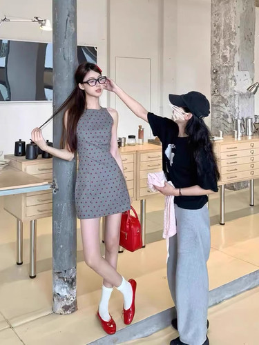 ffcheer 复古miu系波点连衣裙春夏季女收腰背心裙无袖短款裙子