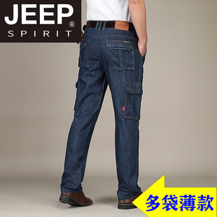 JEEP吉普男装舰店春夏牛仔裤直筒宽松工装多口袋户外中腰长裤子