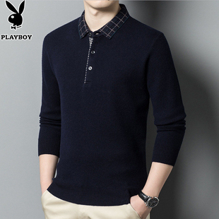 花花公子秋冬格纹翻领加厚羊毛衫男100%绵羊毛打底毛衣全毛550克