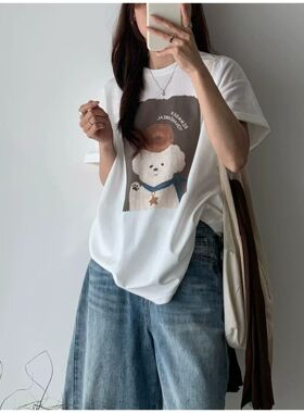 纯棉大码宽松卡通狗狗印花短袖T恤女韩国东大门2026新款休闲圆领