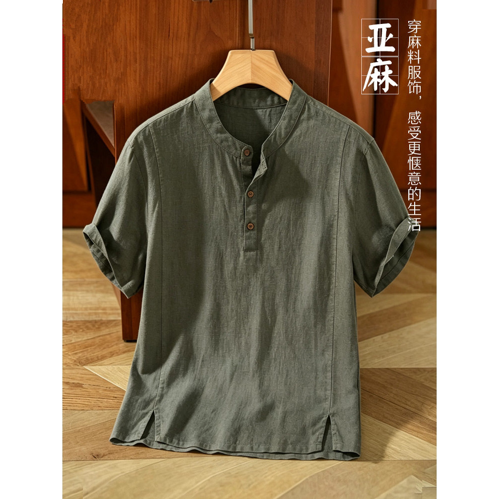 高端夏季薄款灰色亚麻短袖休闲T恤男士中国风立领衬衫棉麻上衣男