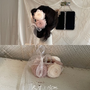 原创古风重工粉白纯欲美女花朵抓夹禅意玫瑰新中式手作鲨鱼夹发饰