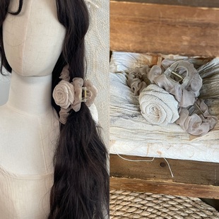 手作皱褶网纱玫瑰花朵抓夹复古温柔清冷鲨鱼夹中式小众女抓夹发饰