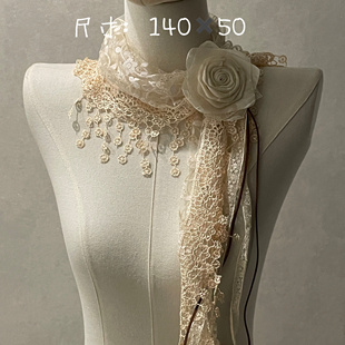 原创设计古着流苏花朵三角蕾丝杏围巾雪纺丝巾复古小众女旅行披肩