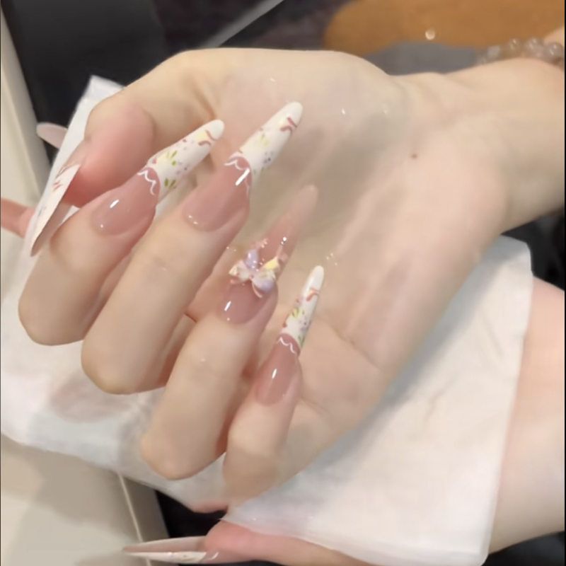 纯手工穿戴甲温柔气质少女法式花卉蝴蝶结可爱甜美显白氛围感美甲