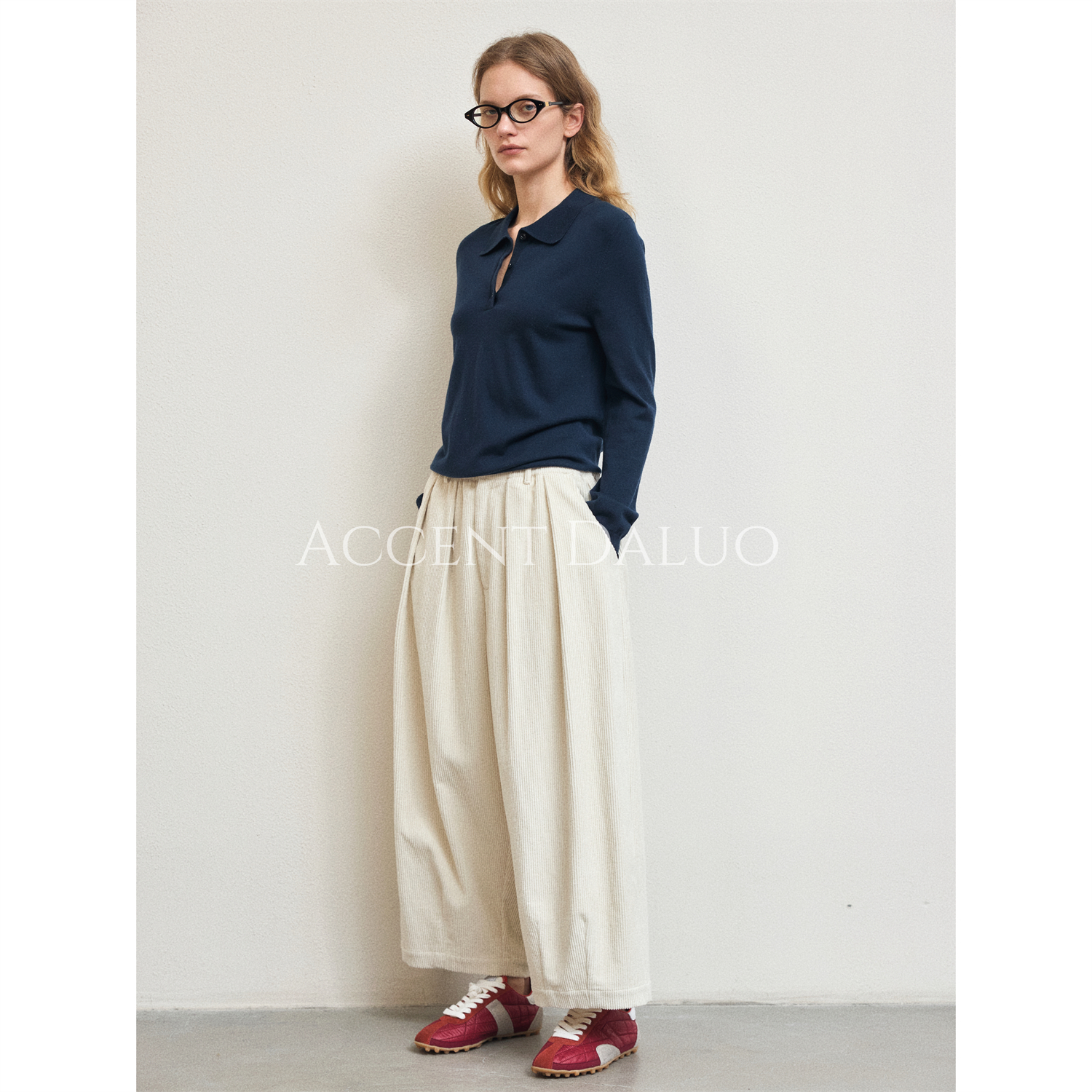 ACCENT DALUO白色进口条绒复古立裁松紧腰阔腿九分裤女百搭气球裤