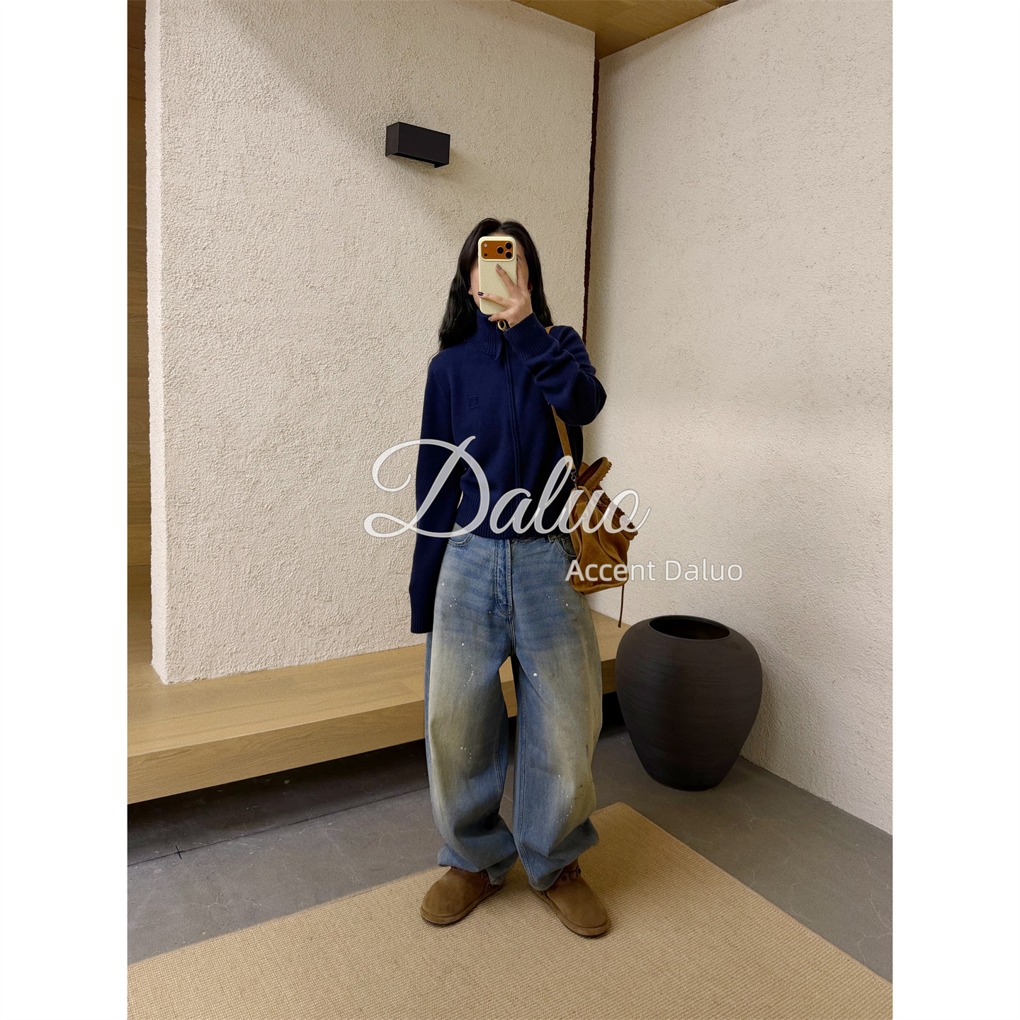 大罗Daluo重磅纯山羊绒 立领加厚开衫短毛衣女保暖夹克外套25冬新