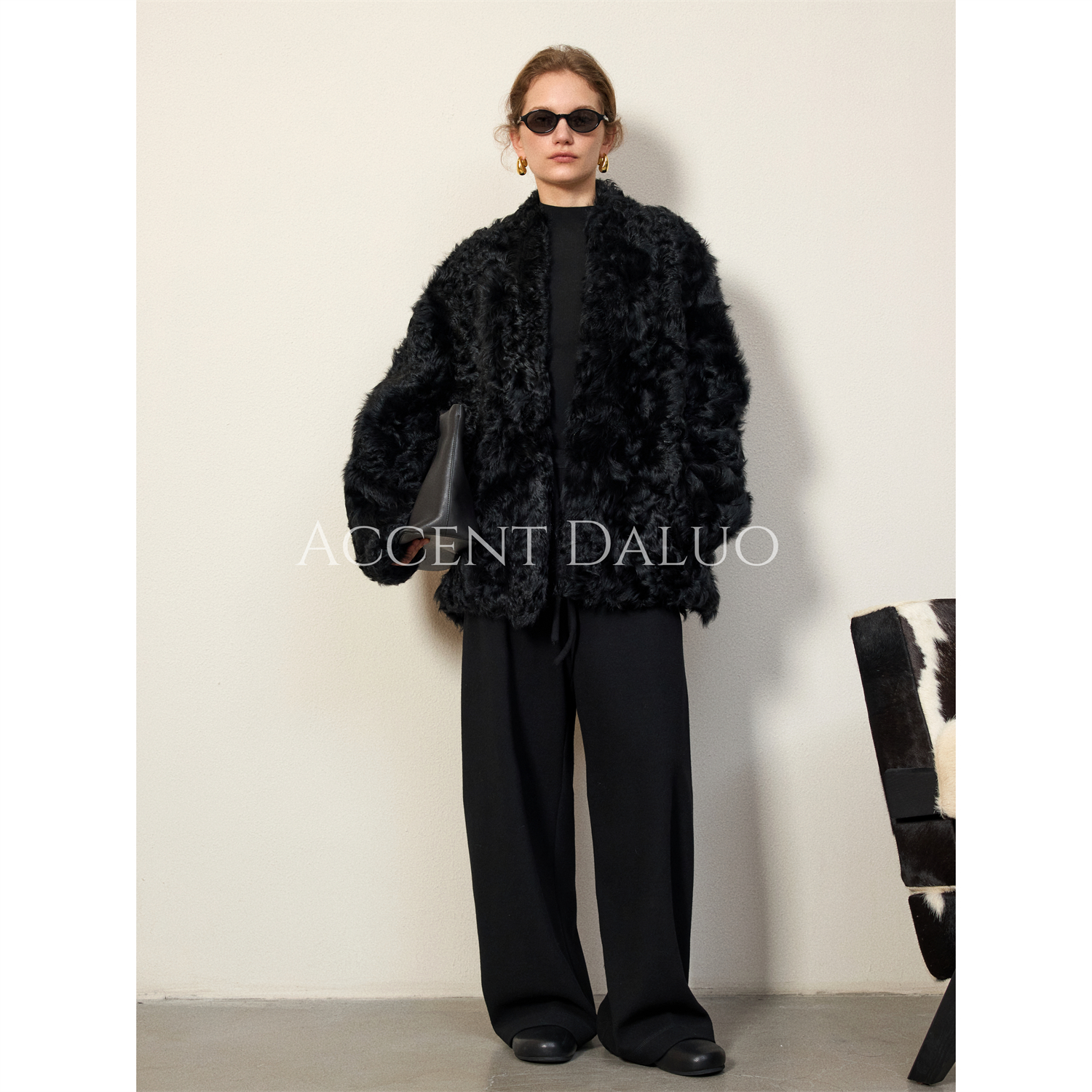 ACCENT DALUO时髦贵气老钱 真小湖羊皮毛一体廓形V领西装皮草外套