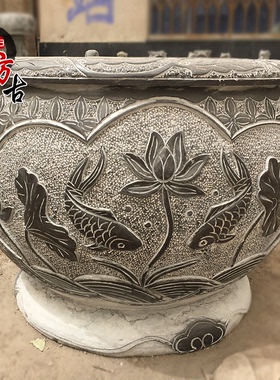 仿古浮雕花盆养鱼招财摆件